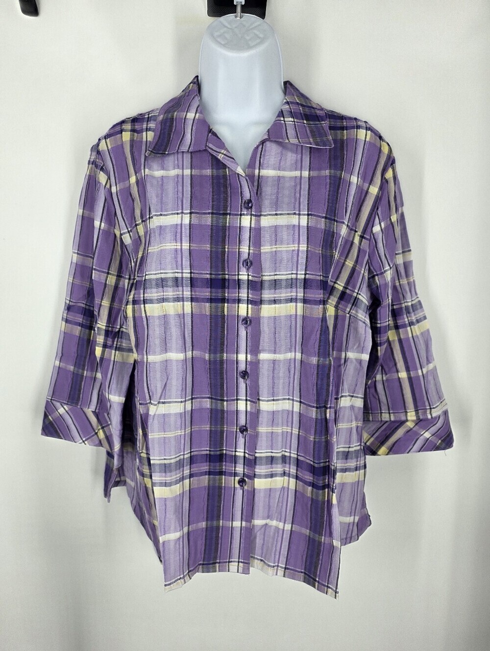 Kim Rogers Petite Plaid Button Up Shirt 12P Purple Yellow 3/4 Sleeve Blouse NWT